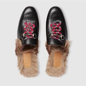GUCCI Princetown Snake Fur Lined Mules Slides Black Leather Horsebit Sz 11 $995